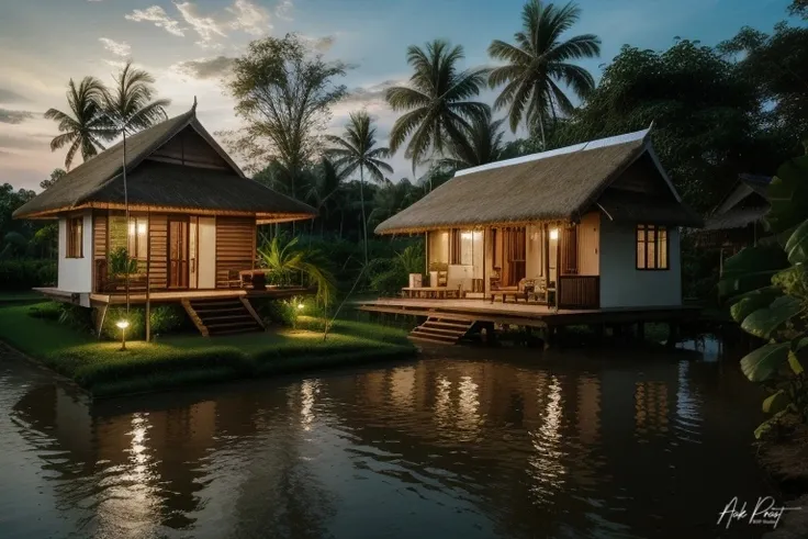 outdoortropicalhouse little house on riverside, path wooden, garden, rice field, gold fish, coconut tree, solar panel, dawn, chicken, tomato, tropical, dim light, <lora:ARWOutdoorTropicalHouse:1>