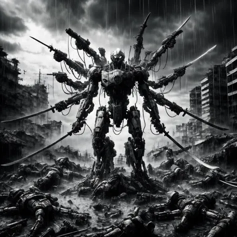 masterpiece, best quality, extra arms, cloud, rain, holding sword, mecha, monochrome, gun, <lora:mecha-000014:0.85> <lora:monochrome-000014:0.5>