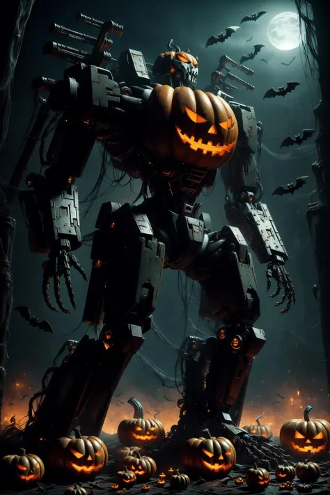biomechanical cyberpunk, realistic photo of a large fx-monsters-xl-meatsack halloween pumpkin with ghost glowing eyes and mouoth, in the pumpkin field at mid-night, cybernetics, human-machine fusion, dystopian, organic meets artificial, dark, intricate, highly detailed