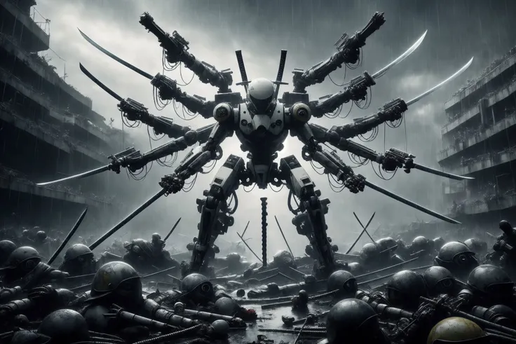 masterpiece, best quality, pluto_north 2, robot, (helmet:1.2), weapon, realistic, parody, (katana:1.2), cannon, rain, (extra arms:1.2), <lora:mecha-000014:0.7>