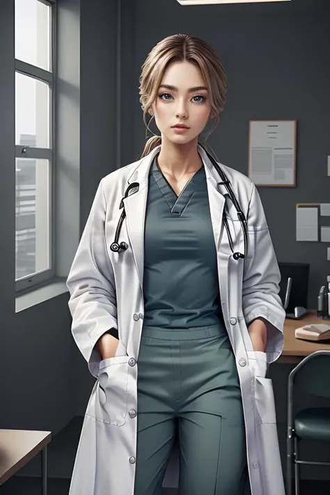 (masterpiece, best quality, hires, high resolution:1.2), extremely detailed, intricate details, highres, DOCTOR_UNIFORM, LABCOAT, STETHOSCOPE, DOCTOR,SCRUB TOP,SCRUB TROUSERS, <lora:doctor_uniform_v1:1>, blonde