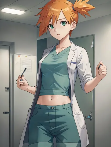 ((masterpiece, best quality, high quality)),1girl, (lower body, hospital), <lora:doctor_uniform_v1:0.8> (doctor_uniform, labcoat, stethoscope, doctor,scrub top,scrub trousers), <lora:misty_(pokemon)_v2:0.6> (1girl, misty \(pokemon\), orange hair, short hair, solo, green eyes),