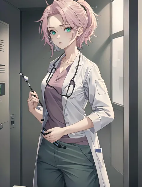((masterpiece, best quality, high quality)),1girl, (lower body, hospital), <lora:doctor_uniform_v1:0.8> (doctor_uniform, labcoat, stethoscope, doctor,scrub top,scrub trousers), <lora:Sakura:0.6> (1girl, pink hair, green eyes, solo),