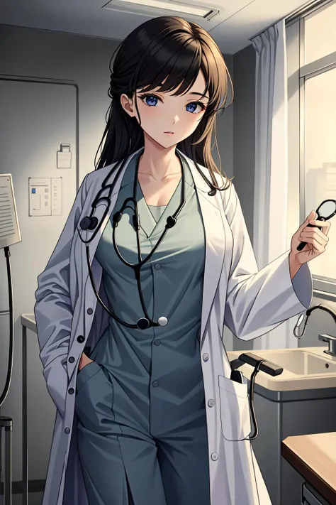 ((masterpiece, best quality, high quality)),1girl, (lower body, hospital), (doctor_uniform, labcoat, stethoscope, doctor),Large Breasts,cleavage,lipstick