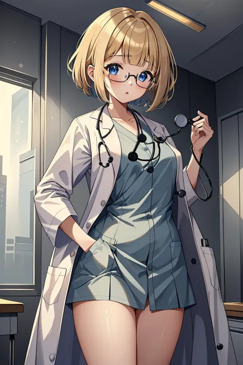 ((masterpiece, best quality, high quality)),1girl, (hospital), <lora:infirmary_v0.1:0.5> infirmary, <lora:Doctor Uniform V2:0.7> (doctor_uniform, labcoat, stethoscope, doctor), <lora:Irene Bradford:0.7> (1girl, 3dcg 05, blonde_hair, blue eyes, blunt bangs, glasses, hair intakes, inverted bob, irene bradford, short hair, small breasts, solo),