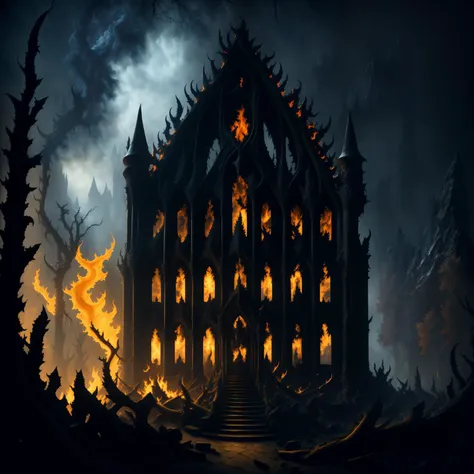 HDR photo of ohwx, a castle with flames burning in the air and a person standing in front of it in the dark night sky with a dark background of trees and branches . High dynamic range, vivid, rich details, clear shadows and highlights, realistic, intense, enhanced contrast, highly detailed