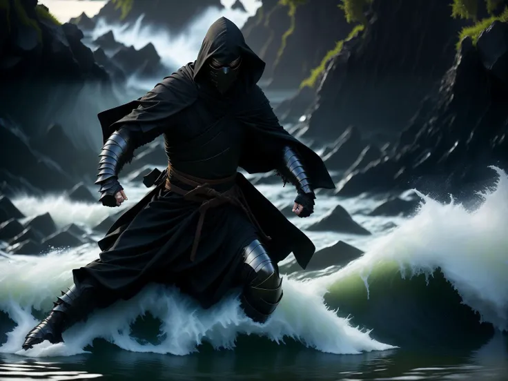 HDR photo of ohwx, a ninja in a black robe is in the water . High dynamic range, vivid, rich details, clear shadows and highlights, realistic, intense, enhanced contrast, highly detailed