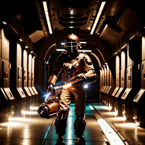 cinematic photo <hypernet:isaacFlame:0.8>ohwx a man in a space suit with a flamethrower, medium shot, front view, a long dark corridor on a space station, grated floor and walls, ceiling lights, solo, masterpiece . 35mm photograph, film, bokeh, professional, 4k, highly detailed