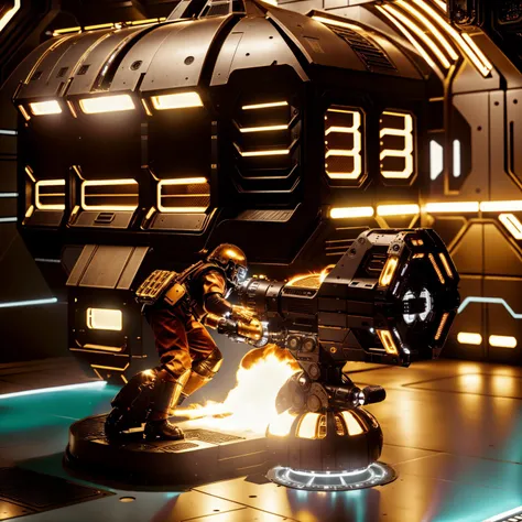 cinematic photo <hypernet:isaacFlame:0.8>ohwx a man in a space suit with a flamethrower, full shot, side view, industrial cargo elevator platform with control panel, a wall of metal plates with yellow and black stripes, ceiling lights, masterpiece . 35mm photograph, film, bokeh, professional, 4k, highly detailed