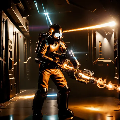 cinematic photo <hypernet:isaacFlame:0.8>ohwx a man in a space suit with a flamethrower, medium long shot, front view, dark hallway with mechanical door, lights on the floor, masterpiece . 35mm photograph, film, bokeh, professional, 4k, highly detailed