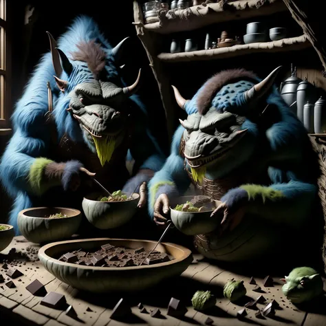 HDR photo of ohwx, two trolls eating food in a kitchen with a table full of food and a shelf full of jars behind them, and a bowl of chocolate . High dynamic range, vivid, rich details, clear shadows and highlights, realistic, intense, enhanced contrast, highly detailed