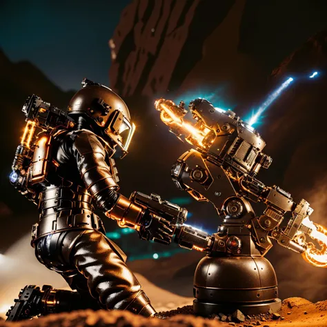 cinematic photo <hypernet:isaacFlame:0.8>ohwx a man in a space suit with a flamethrower, medium shot, side view, paved wall with pipes and metal object attached to it, lit from above, high-contrast lighting, solo, masterpiece . 35mm photograph, film, bokeh, professional, 4k, highly detailed