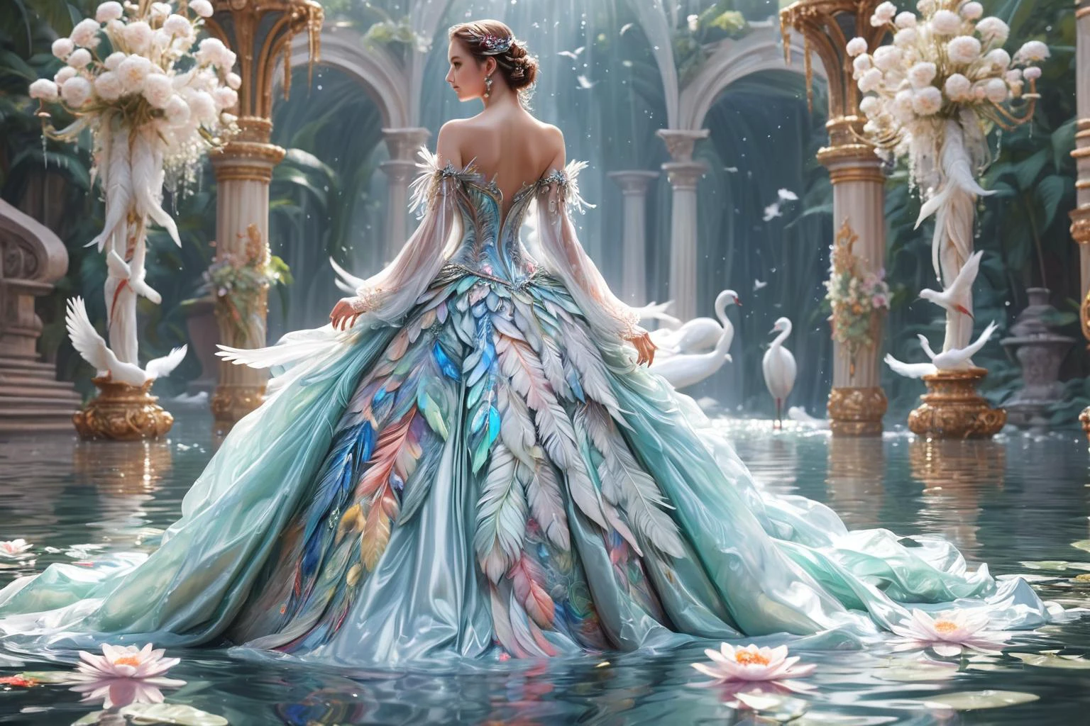 group of men and women,(masterpiece:1.2),best quality,multicolored,masterpiece,best quality,((an extremely delicate and beautiful)),floating,(detailed wet clothes),(detailed light),feather,nature,(sunlight),river,floating palace,beautiful and delicate water,(bloom),(shine),combining the styles of Oscar Chichoni and Luis Royo