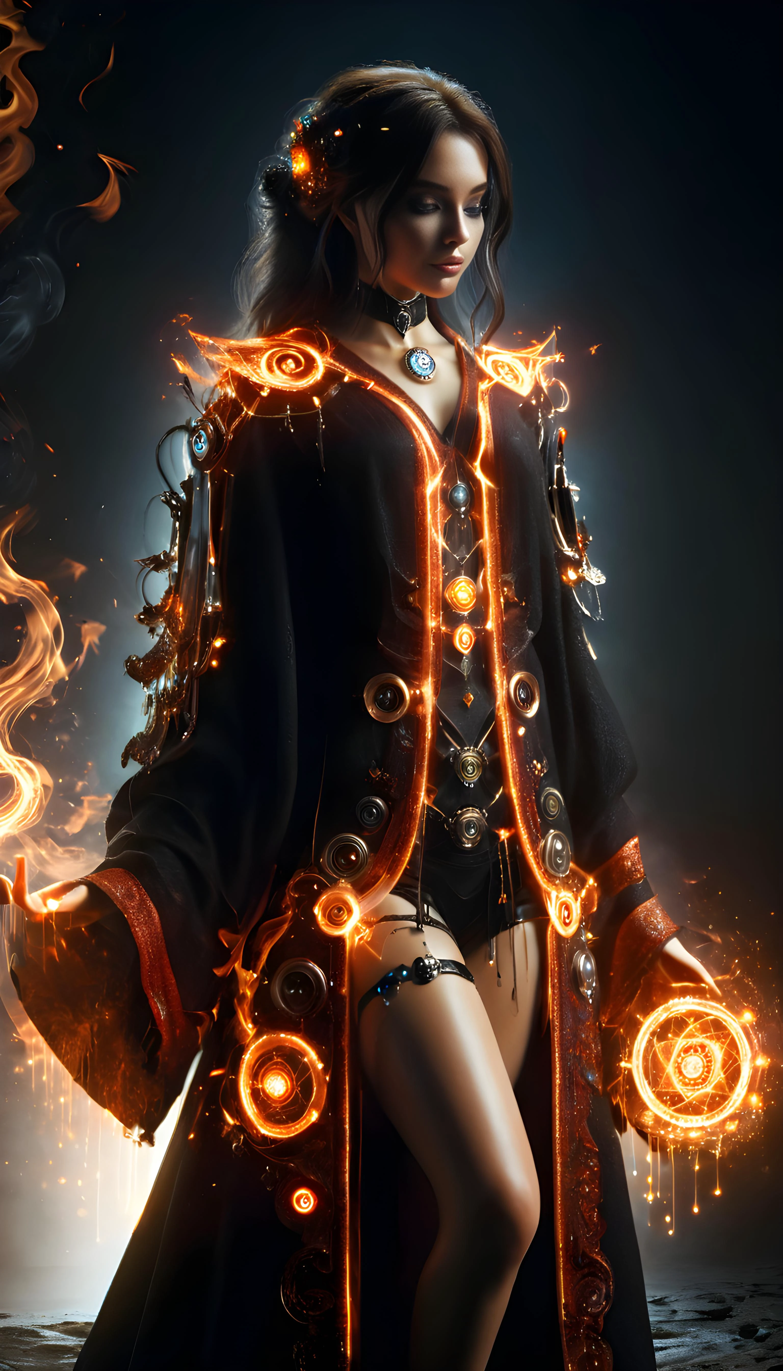 <ti:SimplepositiveXLv1> masterpiece, <lora:Neon_Cyberpunk_SDXL_Hermetic_Wizard:1> mad-hrmtcwzrd, <lora:xl-shanbailing-1003fire-000010:1> fire element, <lora:xl-shanbailing-0116magic-array:1> ,magic array, magic circles, professional 3d model , 3d printed fit romantic 23 year old (Icelandic:1.1) woman with long jet black hair, brown eyes, (makeup, eyeliner, eyeshadow, lipstick:0.9), (pores:0.5), (goosebumps:0.5), cyborg technomage, wearing a sexy revealing mage robe accentuating femininity and shape, casting a spell, in a mage tower, ornate and intricate, inner biocore,highly detailed translucent skin with hair, translucent, perfect female body, wide hips:1.5, narrow waist, cleavage, perky breasts, hdr, smooth, sharp focus, high resolution, award winning photo, 80mm, f2.8, bokeh, tropical environment, octane render, highly detailed, volumetric, dramatic lighting,ethereal forest with enchanted flora and fauna in a mystical and magical setting