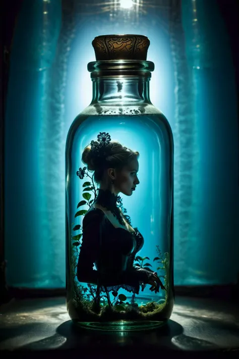 A macroscopic cyanobenthic world inside a clear glass bottle, atompunk poster style, <lora:MJ52:0.1> <lora:add-detail-xl:1>, low key photography, dramatic lighting, deep shadows, rich contrast, moody atmosphere, intense emotions, cinematic feel, mysterious ambiance, emphasizing shape and form, creating depth, evoking drama, storytelling through shadows, professional technique, Goth fashion style, characterized by dark and dramatic clothing choices, often includes black clothing, lace, leather, and Victorian-inspired elements, promotes a sense of mystery and theatricality, celebrates beauty in the macabre, encourages self-expression and embracing the unconventional