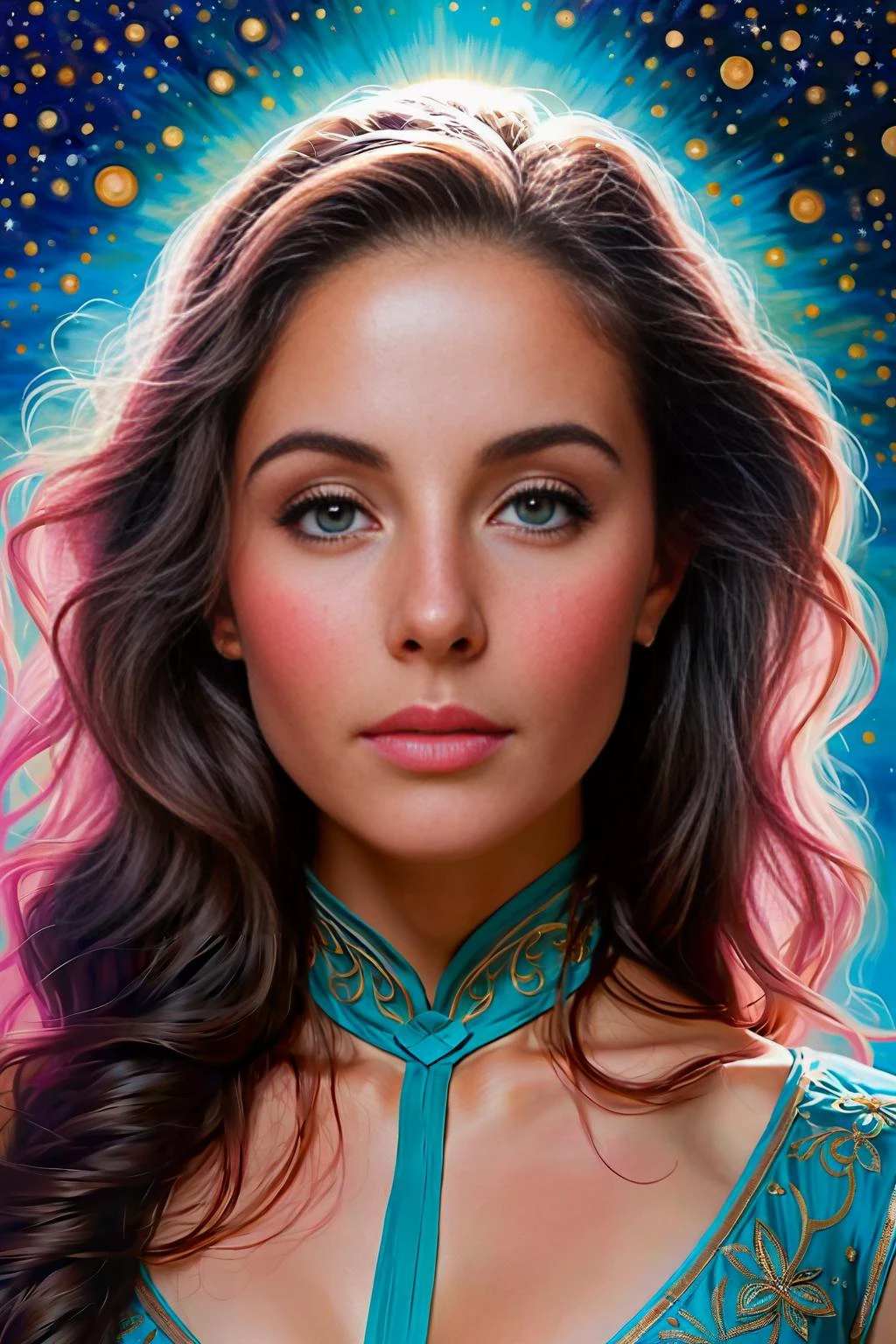 Portrait of a woman in 'Astral Ascent', illustrated in a sunrise pink uplifting, inspiring, and serene teal transcendent environment, where the boundaries between the physical world and the spiritual realm dissolve, <lora:Cosine_freck:.9> <lora:EleonoraV2:0.2>, <lora:MJ52:0.1> <lora:add-detail-xl:1>