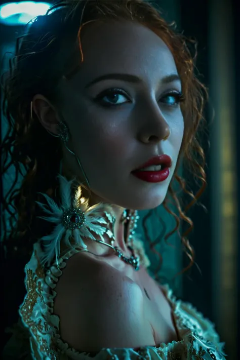 Dutch Angle view Extreme Close shot (focus on chest), female biomechanical cyberpunk, cybernetics, porcelain white skin, (laughing:1.1) tears, keyhole chemise, dark, intricate, highly detailed cinematic film grain, 4k, vibrant colors,highly detailed skin with freckles <lora:Cosine_freck:.9> <lora:EleonoraV2:0.2>, <lora:MJ52:0.1> <lora:add-detail-xl:1>, low key photography, dramatic lighting, deep shadows, rich contrast, moody atmosphere, intense emotions, cinematic feel, mysterious ambiance, emphasizing shape and form, creating depth, evoking drama, storytelling through shadows, professional technique