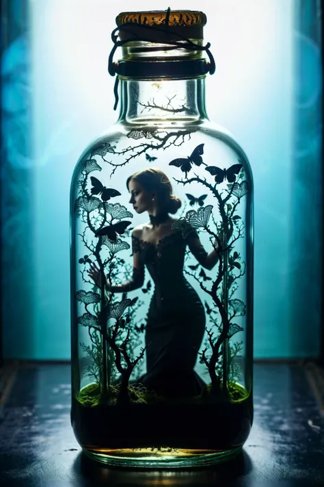 A macroscopic cyanobenthic world inside a clear glass bottle, atompunk poster style, <lora:MJ52:0.1> <lora:add-detail-xl:1>, low key photography, dramatic lighting, deep shadows, rich contrast, moody atmosphere, intense emotions, cinematic feel, mysterious ambiance, emphasizing shape and form, creating depth, evoking drama, storytelling through shadows, professional technique, Goth fashion style, characterized by dark and dramatic clothing choices, often includes black clothing, lace, leather, and Victorian-inspired elements, promotes a sense of mystery and theatricality, celebrates beauty in the macabre, encourages self-expression and embracing the unconventional