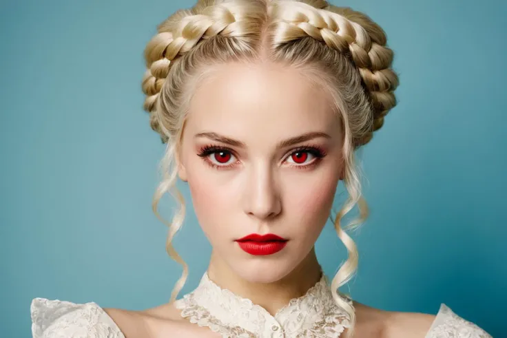 captivating AI generated image of a turkmen female ever,Red eyes, Albino colored hair in a french braid style