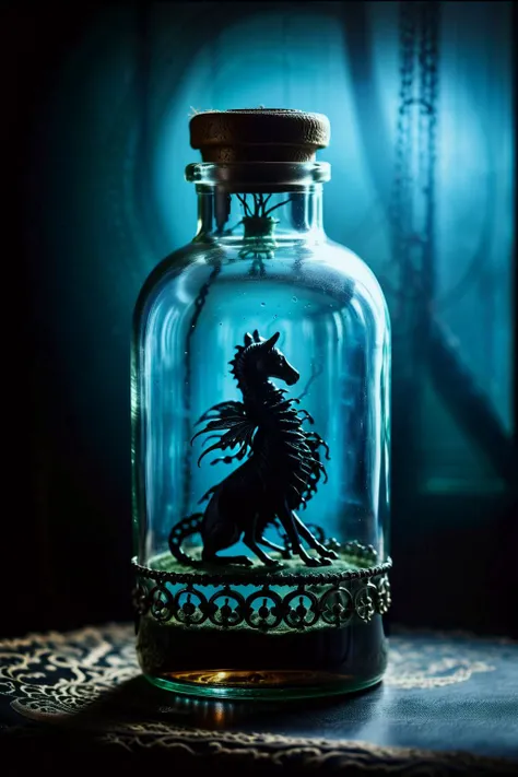 A macroscopic cyanobenthic world inside a clear glass bottle, atompunk poster style, <lora:MJ52:0.1> <lora:add-detail-xl:1>, low key photography, dramatic lighting, deep shadows, rich contrast, moody atmosphere, intense emotions, cinematic feel, mysterious ambiance, emphasizing shape and form, creating depth, evoking drama, storytelling through shadows, professional technique, Goth fashion style, characterized by dark and dramatic clothing choices, often includes black clothing, lace, leather, and Victorian-inspired elements, promotes a sense of mystery and theatricality, celebrates beauty in the macabre, encourages self-expression and embracing the unconventional