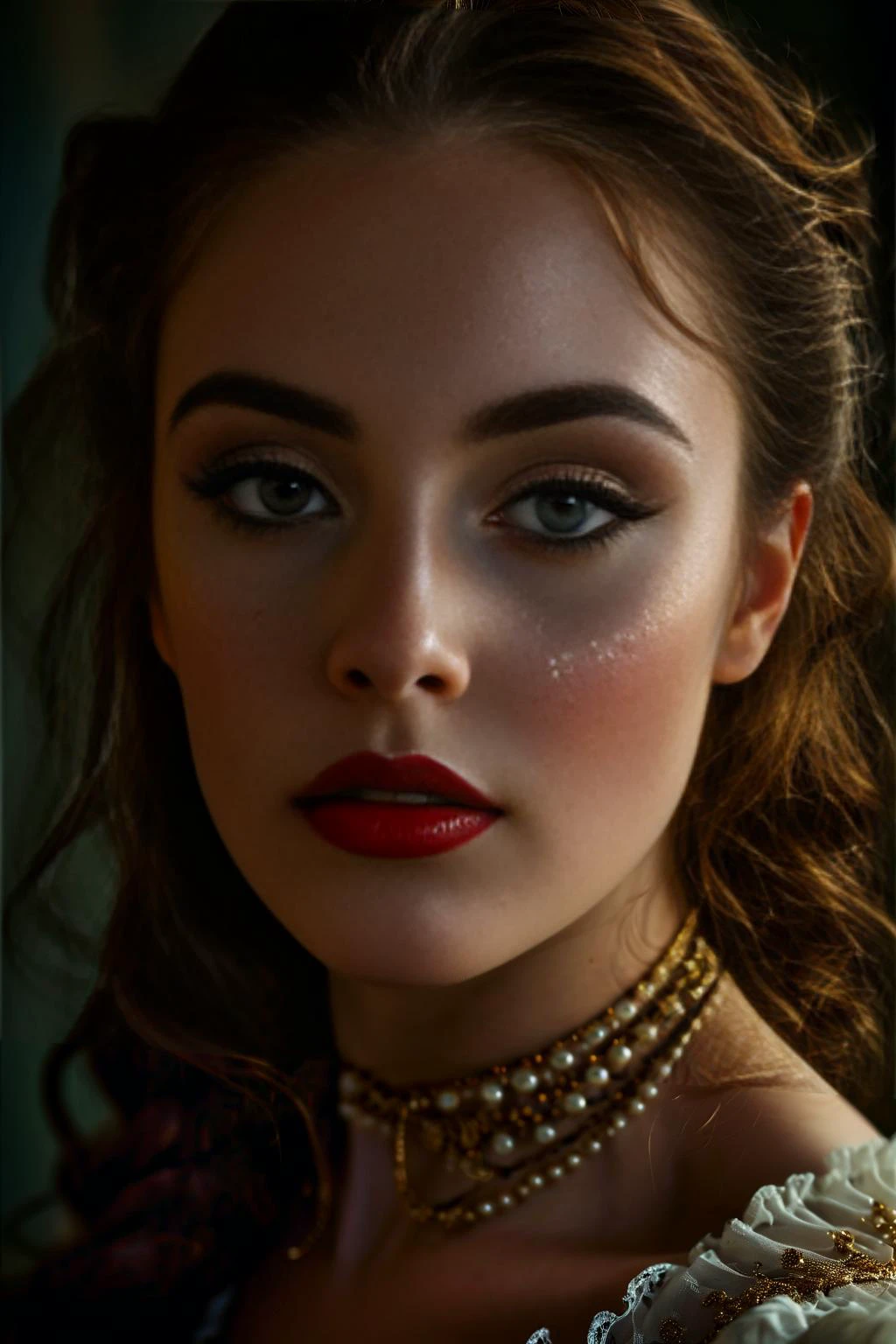 realistic photography a cute magical vampire with sensual lips in an enchanted wonderland, beautiful whimsical fantasy art concept, detailed background, glowing particles, intricate details, ultra sharp, realism,,highly detailed skin with freckles <lora:Cosine_freck:.9> <lora:EleonoraV2:0.2>, <lora:MJ52:0.1> <lora:add-detail-xl:1>, low key photography, dramatic lighting, deep shadows, rich contrast, moody atmosphere, intense emotions, cinematic feel, mysterious ambiance, emphasizing shape and form, creating depth, evoking drama, storytelling through shadows, professional technique