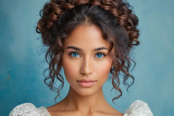 captivating AI generated image of a micronesian female ever,Gray-Blue eyes, Chestnut colored hair in a updo with tendrils style