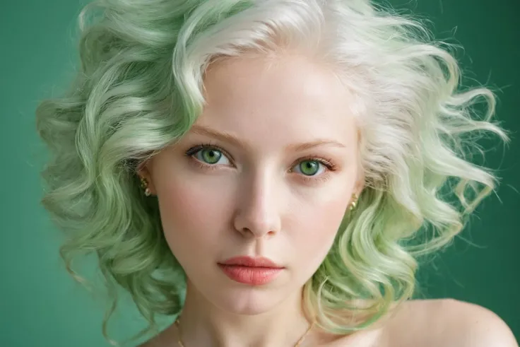captivating AI generated image of a mediterranean female ever,Grey-Green eyes, Albino colored hair in a 360 waves style