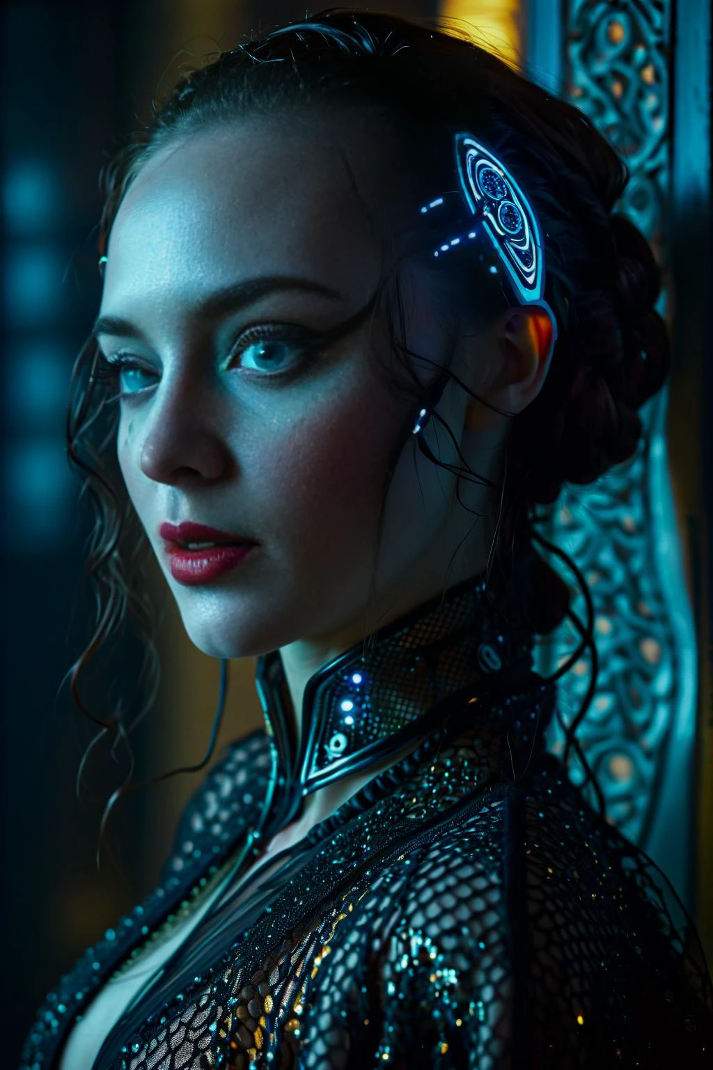 Dutch Angle (from behind) view Extreme Close shot (focus on back), female biomechanical cyberpunk, cybernetics, porcelain white skin, (laughing:1.1) tears, mesh-trimmed robe, dark, intricate, highly detailed cinematic film grain, 4k, vibrant colors,highly detailed skin with freckles <lora:Cosine_freck:.9> <lora:EleonoraV2:0.2>, <lora:MJ52:0.1> <lora:add-detail-xl:1>, low key photography, dramatic lighting, deep shadows, rich contrast, moody atmosphere, intense emotions, cinematic feel, mysterious ambiance, emphasizing shape and form, creating depth, evoking drama, storytelling through shadows, professional technique