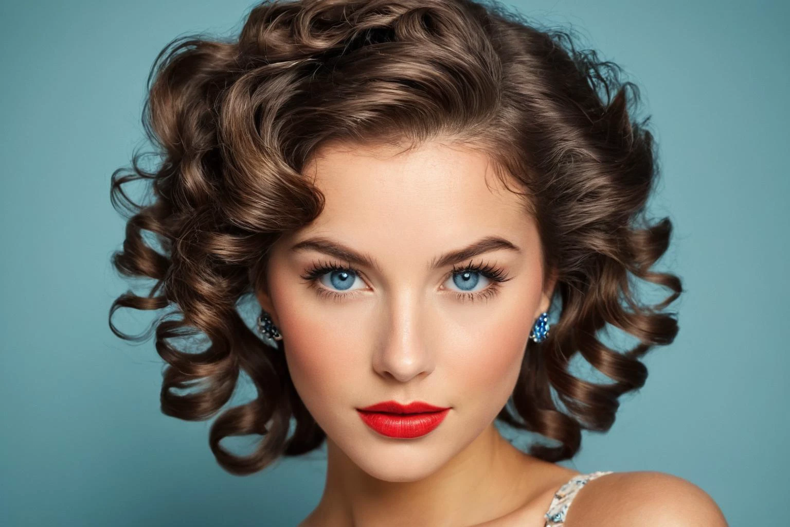 captivating AI generated image of a swedish female ever,Gray-Blue eyes, Brunette colored hair in a retro curls style