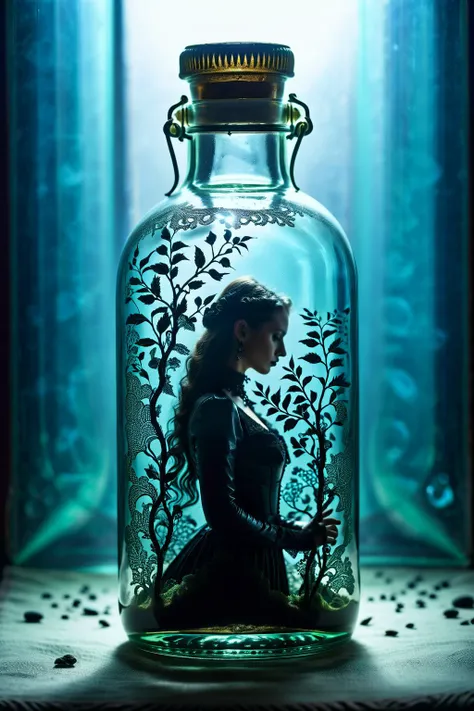 A macroscopic cyanobenthic world inside a clear glass bottle, atompunk poster style, <lora:MJ52:0.1> <lora:add-detail-xl:1>, low key photography, dramatic lighting, deep shadows, rich contrast, moody atmosphere, intense emotions, cinematic feel, mysterious ambiance, emphasizing shape and form, creating depth, evoking drama, storytelling through shadows, professional technique, Goth fashion style, characterized by dark and dramatic clothing choices, often includes black clothing, lace, leather, and Victorian-inspired elements, promotes a sense of mystery and theatricality, celebrates beauty in the macabre, encourages self-expression and embracing the unconventional