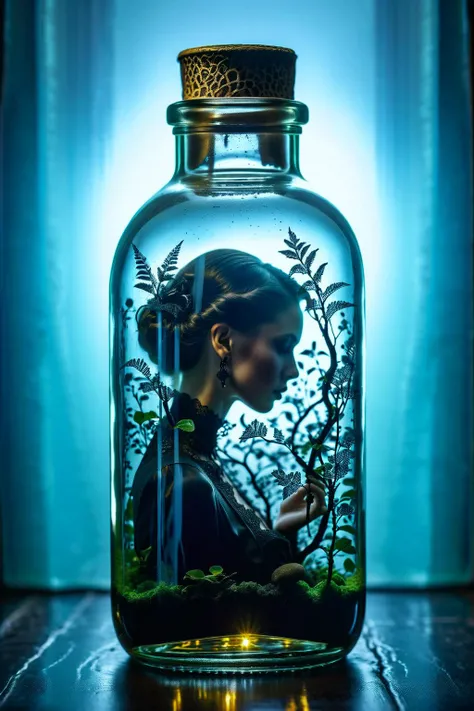 (An intricate forest minitown landscape and a naked girl trapped in a bottle), atmospheric oliva lighting, on the  table, 4k UHD, dark vibes, hyper detailed, vibrant colours forest background, epic composition, octane render, sharp focus, high resolution isometric, nsfw