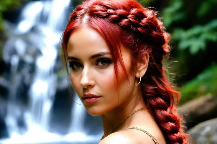captivating  AI generated image of a kalasha female ever,Red  eyes, Titian colored hair in a waterfall braid style
