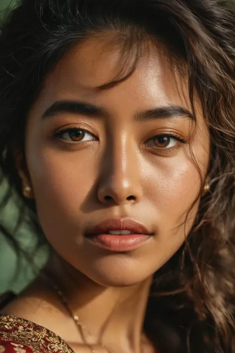 cinematic still, A shot of an 18 year old Indonesian-Dutch woman ,highly detailed skin with hair , emotional, harmonious, vignette, 4k epic detailed, shot on kodak, 35mm photo, sharp focus, high budget, cinemascope, moody, epic, gorgeous, film grain, grainy,