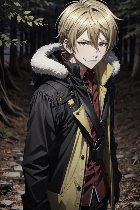 fuwa mahiro\(blast of tempest\), solo, 1boy, looking at viewer, male focus,blonde hair, hair between eyes, red eyes, evil grin, yellow jacket, red shirt, black hood, fur trim , forest, <lora:Fuwa_Mahiro_No_commercial_use_is_allowed_LoRA:0.6>
