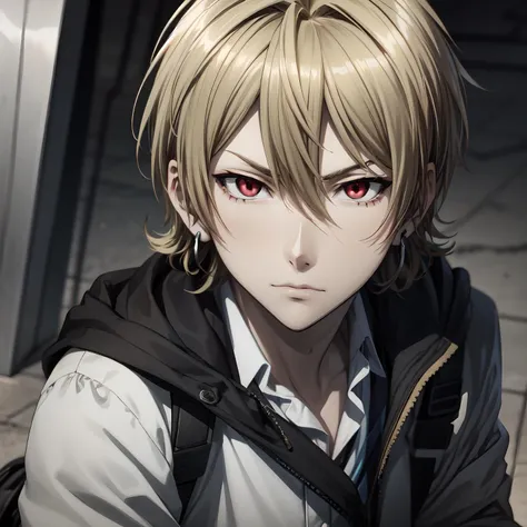 fuwa mahiro\(blast of tempest\), solo, 1boy, looking at viewer, male focus, earrings, blonde hair, hair between eyes, red eyes, close-up, <lora:Fuwa_Mahiro_No_commercial_use_is_allowed_LoRA:0.5>