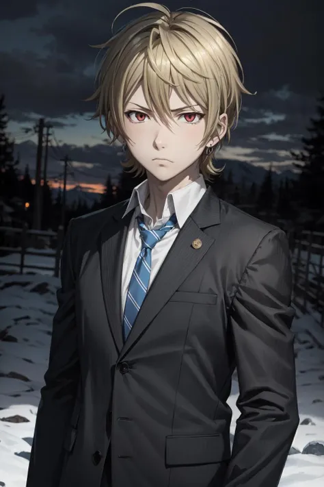 upper body, fuwa mahiro\(blast of tempest\), solo, 1boy, looking at viewer, male focus, earrings, blonde hair, hair between eyes, red eyes, frown, school uniform, collared shirt, blue blazer, striped necktie, cloudy, snow, sky, <lora:Fuwa_Mahiro_No_commercial_use_is_allowed_LoRA:0.6>