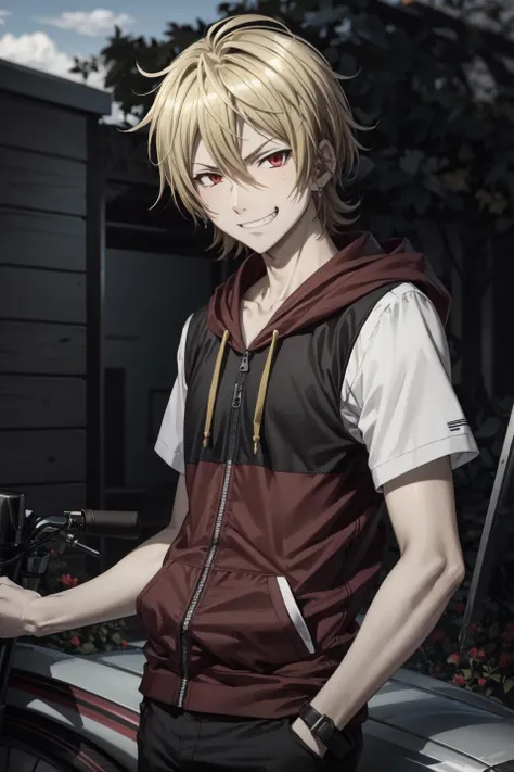 upper body, fuwa mahiro\(blast of tempest\), solo, 1boy, looking at viewer, male focus, earrings, blonde hair, hair between eyes, red eyes, evil grin, red hoodie, sky, <lora:Fuwa_Mahiro_No_commercial_use_is_allowed_LoRA:0.6>