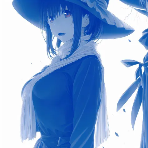 <lora:himura_kiseki:1>, monochrome, blue, blue theme,
1girl, bow, dress, female focus, frills, hat, lightning, purple hair, red eyes, ribbon, shawl, short hair, solo