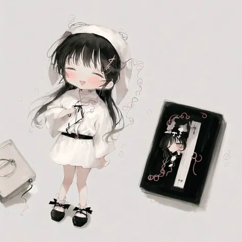 <lora:uminonaka:1>, 

1girl, blush, female focus, full body, habit, long hair, monochrome, nun, photo \(object\), photo album, robe, safety pin, smile, solo, tears, white background