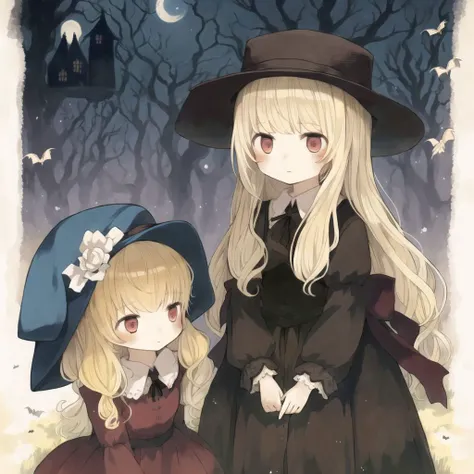 <lora:sakutake-2:1>, sakutake \(ue3sayu\),
2girls, blonde hair, blue hair, cover, cover page, hat, multiple girls, vampire