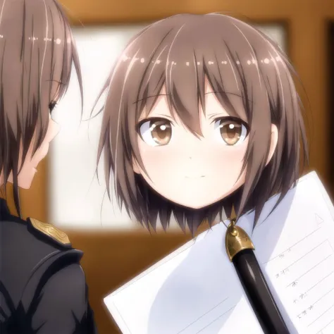 <lora:dullahan3:1.2>, dullahan, headless, disembodied head, severed head,
1girl, bangs, blurry, brown eyes, clipboard, closed mouth, cup, depth of field, epaulettes, extra, fang,