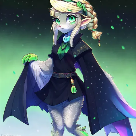 <lora:bunny_niji:1>, furry, anthro,
<lora:harpy-1_harpy-2--harpy-3_harpy-4:1.2>, (harpy:1.2), (bird wings, bird legs:1.0), claws, bird tail, 1girl, :o, artist name, bangs, black cape, blonde hair, blue shirt, blush, braid, cape, crown braid, english commentary, forehead, gradient, gradient background, green eyes, grey background, hair ornament, hairclip, highres, looking at viewer, parted bangs, parted lips, pointy ears, shirt, solo