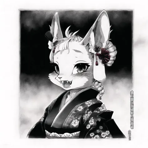 <lora:bunny_niji:1>, furry, anthro,
1girl, comic, fangs, greyscale, ink, japanese clothes, monochrome, parody, ryuu no haisha, twintails