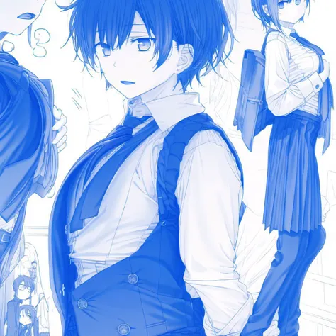 <lora:himura_kiseki:1>, monochrome, blue, blue theme, 

 ahoge, bangs, black eyes, black hair, blue eyes, gakuran, jun haduki, male, multiple boys, necktie, parted bangs, school uniform, teenage, vest, waistcoat, young