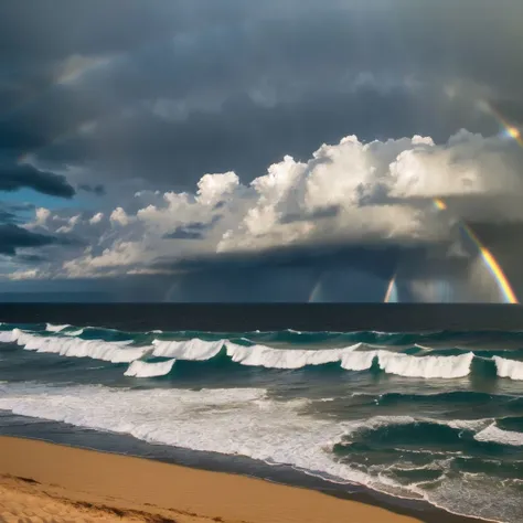 <lora:cumulonimbus_ofn:0.7>, cumulonimbus, clouds,
noon, rainbow, rain, summer day, beach, ocean waves, sand