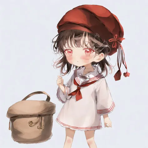 <lora:uminonaka:1>,
1girl, beret, blush, dress, eyebrows visible through hair, hat, highres, looking at viewer, medium hair, neckerchief, open mouth, red eyes, redhead, sailor collar, sailor dress, sailor hat, school uniform, serafuku, short dress, simple background, solo, towel, twitter username, white background
