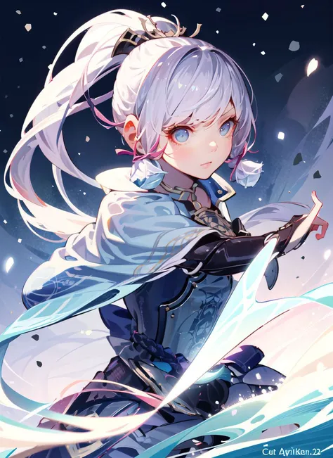 (extremely_beautiful_and_delicate:1.3),(pastel:1.6),(official_art:1.3),(illustration:1.6),(masterpiece:1.2),(best_quality:1.3),(dynamic_angle_and_pose:1.0),
serious face, fierce look, looking away, = 
kamisato_ayaka channels the power of the ice through her sword, sending waves of freezes rippling through the air, She moves with incredible speed and agility, striking with deadly precision and sending her opponents flying with each devastating blow, atop a high mountain peak, with the breeze and ice particles swirling around her. The wind whips through her hair as she charges towards her opponent, her sword crackling with energy.
ponytail, snowflakes, (snowing:1.2),
(extremely_beautiful_and_delicate:1.3),
(4K:1.3),++//++//++,++//++//++//++//,(extremely_beautiful_and_delicate:1.1),(ultra_detailed:1.3),(delicate:1.3),(realistic:1.0),
(beautiful_eyes:1.3),(beautiful_face:1.3),(beautiful_hair:1.3),(direct_lighting:1.6),sharp, <lora:kamisatoAyakaGenshin_kamisatoAyaka:1.2:MIDD>
cool,sword, 
 <lora:add_detail:0.4> <lora:MukStyle-27:1:OUT8>