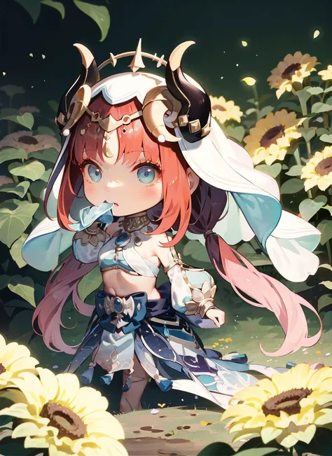 1girl, (chibi:1.2)
beautiful, elegant,
<lora:nilouGenshinImpact_v10:1.1:MIDD> nilou (neither flower nor mist) (genshin impact), aqua eyes, fake horns, red hair, long hair, crop top, jewelry, horns, veil, bracer, brooch, long sleeves, puffy long sleeves, skirt, bangs, twintails, puffy sleeves, neck ring, gold trim, parted bangs, circlet, blue skirt, hair ornament, detached sleeves, low twintails, floating hair, gem, blue gemstone, dancer, white headwear, midriff, very long hair,
around the garden, flowers, butterflies, sunlight, sunflowers, lilies, roses, nature, petals, lens flare,
<lora:add_detail:0.2> <lora:MukStyle-27:1:OUT8>