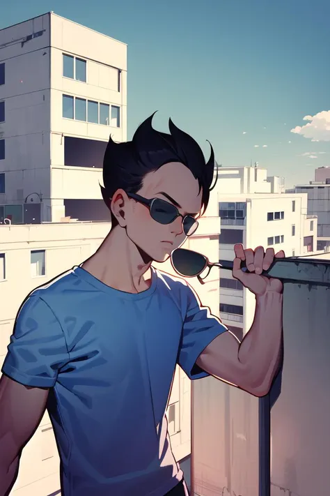1boy ,solo,    detailed eyes,   masculine face, urban area ,  modern building , sunglasses, vast blue sky, clouds, black  hair, morning, sunny, spiked hair, vegeta, pink short sleeve shirt,  <lora:vegetaDragonBallZ_v10:0.7> ,muscular male, detailed background,   <lora:MukStyle-27:1>