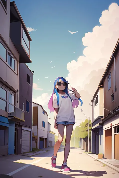 1girl,solo,   smile, perfect face, urban area ,  modern building , sunglasses, juice box,  vast blue sky, clouds, long hair, multicolored hair,  <lora:MukStyle-27:1>